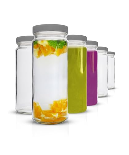 Glas-Wasserflaschen-Set – 6 Stück breite Öffnung mit Deckel für Saft, Smoothies, Getränke-Aufbewahrung – 473 ml, langlebig, umweltfreundlich & BPA-frei – wiederverwendbar, auslaufsicher, graue Kappen von All About Juicing