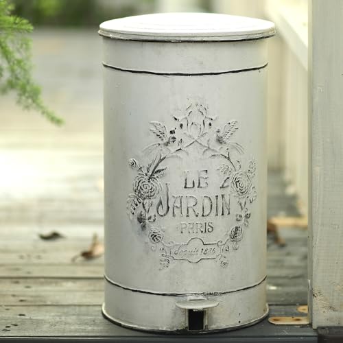 All Chic Retro Eisen Mülleimer Runde Vintage Mülleimer mit Schmiedeeisen Pedal Küche Mülleimer mit Deckel für Park Garten Badezimmer Schlafzimmer Indoor Outdoor ，17 Liter/4,5 Gallonen，Weiß von All Chic