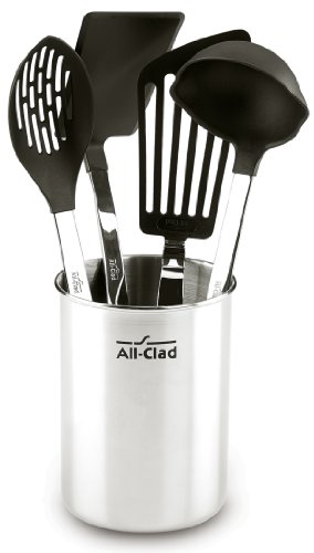 All-Clad Kratz- und hitzebeständiges Nylon-Werkzeug mit Edelstahlgriffen und Caddy, 5-teilig von All-Clad