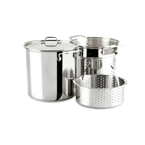 All-Clad Specialty Edelstahl-Suppentopf, Multi-Topf mit Sieb, 8 Quart Induktion, Ofen Broiler Safe 600F Sieb, Nudelsieb mit Griff, Töpfe und Pfannen Silber von All-Clad