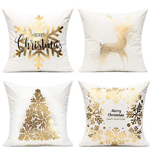 All Smiles Kissenbezug 4 Stück 45x45cm Weihnachten Samt weiß golden Dekorative Kissenhülle draußen Dekokissen Sofakissen Zierkissenbezüge für Sofa Schlafzimmer Wohnzimmer Auto Zuhause Dekoration von All Smiles