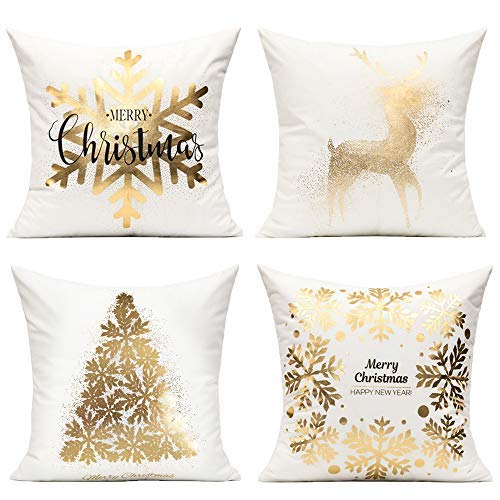 All Smiles Kissenbezug Weihnachten Samt weiß golden Dekorative Kissenhülle draußen Dekokissen Sofakissen Zierkissenbezüge 4 Stück 40x40cm für Sofa Schlafzimmer Wohnzimmer Auto Zuhause Dekoration von All Smiles