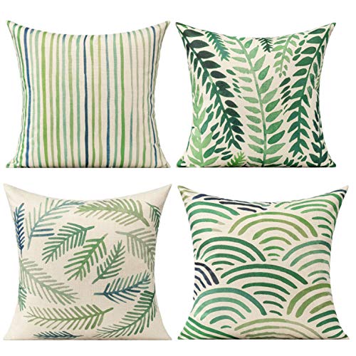 All Smiles Outdoor Green Leaves Plant Throw Pillow Covers Cases Decorative Tropical Rainforest Palm Leaves Cushion Square Cotton Linen 16 x 16 Set of 4 for Sofa Patio Couch von All Smiles