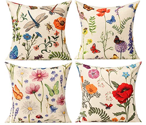 All Smiles Spring Outdoor Throw Pillow Covers Garden Flowers Farmhouse Outside Furniture Bench Decorative Cushion 16" X 16" Set of 4 for Patio Sofa Couch Chair,Butterfly Dragonfly Summer Decorations von All Smiles