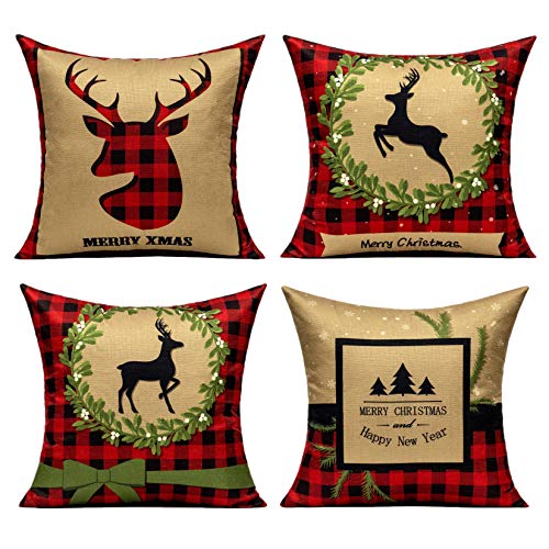 All Smiles Weihnachts-Kissenbezüge in Rot und Gold, Büffelkariert, für Neujahr, Dekor, 50 x 50 cm, Hirsch, Piilowcase, Baum-Drucke, Weihnachtsdekoration für Sofa, Couch, Bett von All Smiles