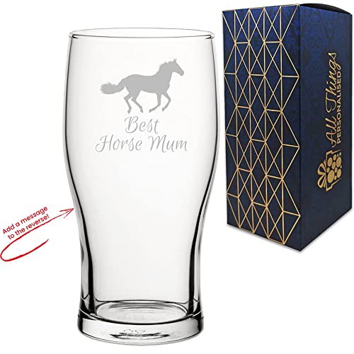 Pint-Glas mit Gravur "Best Horse Mum", personalisierbar, personalisierbar auf der Rückseite, Lasergravur, Geschenkbox inklusive, Geschenk für Mama, Geburtstagsgeschenk, Pferdeliebhaber-Geschenk von All Things Personalised