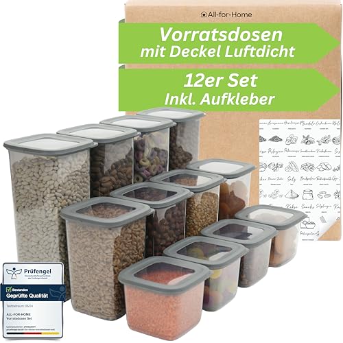 All-for-Home Vorratsdosen mit Deckel Luftdicht 12er Set - Aufbewahrungsbox Küche Aufbewahrung & Organisation | Vorratsbehälter zur Mehl, Müsli Aufbewahrung uvm. | Behälter in ANTHRAZIT & BPA frei von All-for-Home