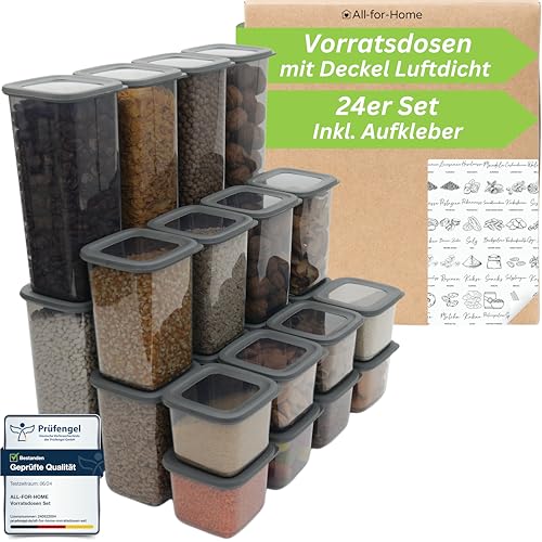 All-for-Home Vorratsdosen mit Deckel Luftdicht 24er Set - Aufbewahrungsbox Küche Aufbewahrung & Organisation | Vorratsbehälter zur Mehl, Müsli Aufbewahrung uvm. | Behälter in ANTHRAZIT & BPA frei von All-for-Home