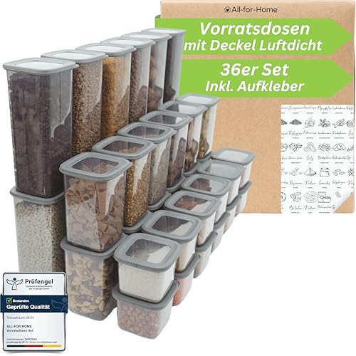 All-for-Home Vorratsdosen mit Deckel Luftdicht 36er Set - Aufbewahrungsbox Küche Aufbewahrung & Organisation | Vorratsbehälter zur Mehl, Müsli Aufbewahrung uvm. | Behälter in ANTHRAZIT & BPA frei von All-for-Home