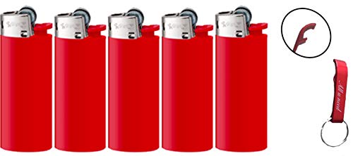 BIC Mini Feuerzeuge Reibrad Lighter Neutral Flints Zündstein J25 5 Stück + Keyring Flaschenöffner All u need (Rot) von All u need