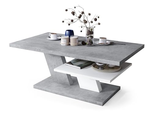 All4All Couchtisch Conte - Kaffeetisch - Wohnzimmertisch – Sofatisch mit Ablage - kompakte Größe - Sofatisch - 110x60cm - 05 - Beton + weiß von All4All