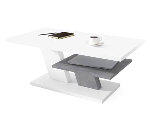 All4All Couchtisch Conte - Kaffeetisch - Wohnzimmertisch – Sofatisch mit Ablage - kompakte Größe - Sofatisch - 110x60cm - 05 - Weiß + Beton von All4All