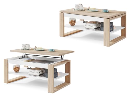 All4All Couchtisch Nico - Kaffeetisch - Wohnzimmertisch - Laptoptisch - Sofatisch - ausziehbar - ausklappbar - 100x60cm - 05 - Sonoma Eiche + Weiß von All4All