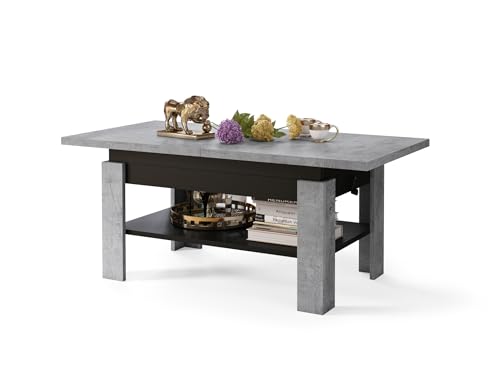All4All Couchtisch Rino - Kaffeetisch - Wohnzimmertisch mit Ablage - Sofatisch - ausziehbar bis 170cm - höhenverstellbar - 130x65cm - 05 - Beton + Schwarz von All4All