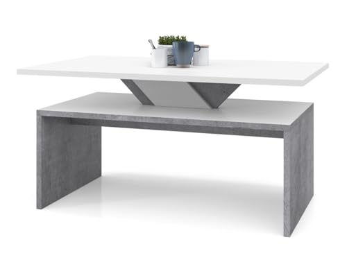 All4All Couchtisch Soro - Kleiner Kaffeetisch - Wohnzimmertisch – Sofatisch mit Ablage - mit Einlegeplatten - Ausziehbar - Sofatisch - 100x60cm - 05 - Weiß + Beton Millenium von All4All