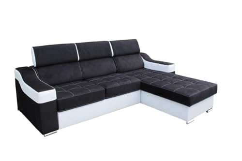 All4All Ecksofa mit Schlaffunktion Geri 240 cm x 183 cm - Sofa in L-Form - Schlafsofa mit Bettkasten - für 3 Personen - Kleines Sofa - Schwarz/Weiß - Gewebe mit Kunstleder - Rechte Seite 19 von All4All