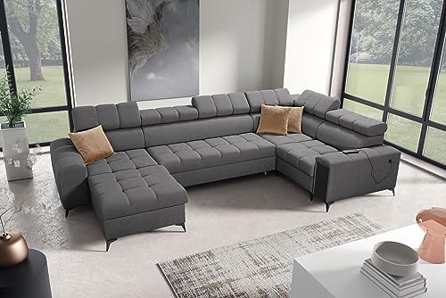 All4All Ecksofa mit Schlaffunktion Gonti IV Mini 337x201 cm - Schlafsofa mit Bettkasten - Sofa in U-Form - Wohnlandschaft XXL Sofa - Eckcouch Groß - Seite Links - Dunkelgrau - Gewebe - Modern 26 von All4All