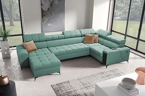 All4All Ecksofa mit Schlaffunktion Gonti IV Mini 337x201 cm - Schlafsofa mit Bettkasten - Sofa in U-Form - Wohnlandschaft XXL Sofa - Eckcouch Groß - Seite Links - Mintfarbe - Gewebe - Modern 26 von All4All