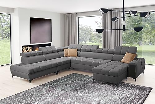 All4All Ecksofa mit Schlaffunktion Gonti X 359 x 294 cm - Schlafsofa mit Bettkasten - Sofa in U-Form - Wohnlandschaft XXL Sofa - Eckcouch Groß - Seite Rechts - Dunkelgrau - Gewebe - Modern 26 von All4All