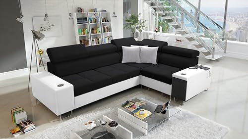 All4All Ecksofa mit Schlaffunktion Margo II 283x207 cm - Schlafsofa mit Bettkasten - Sofa in L-Form - für 4 Personen - Seite rechts - Gewebe mit Kunstleder - Schwarz/Weiß - Modern 26 von All4All