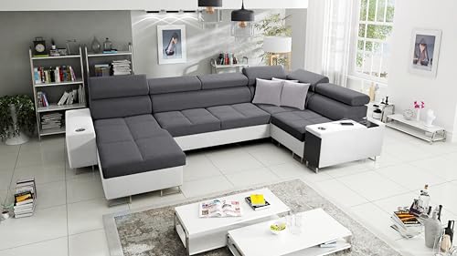 All4All Ecksofa mit Schlaffunktion Margo IV Mini 340x207 cm - Schlafsofa mit Bettkasten - Wohnlandschaft in U-Form - XXL Sofa - Seite Links - Gewebe mit Kunstleder - Dunkelgrau/Weiß - Modern 26 von All4All