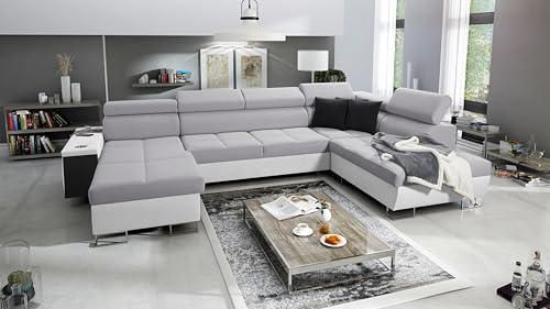 All4All Ecksofa mit Schlaffunktion Margo VI 360x221 cm - Schlafsofa mit Bettkasten - Wohnlandschaft in U-Form - XXL Sofa - Seite Links - Gewebe mit Kunstleder - Hellgrau/Weiß - Modern 26 von All4All