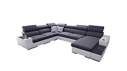 All4All Ecksofa mit Schlaffunktion Piano 358x282 cm – Schlafsofa mit Bettkasten – Wohnlandschaft XXL – Sofa U-Form – Gewebe mit Kunstleder - Groß - Big Sofa - Rechte Seite - Grau/Weiß 26 von All4All