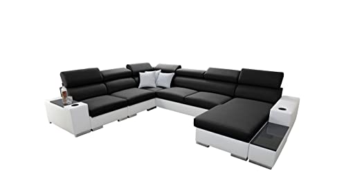 All4All Ecksofa mit Schlaffunktion Piano 358x282 cm – Schlafsofa mit Bettkasten – Wohnlandschaft XXL – Sofa U-Form – Gewebe mit Kunstleder - Groß - Big Sofa - Rechte Seite - Schwarz/Weiß 26 von All4All