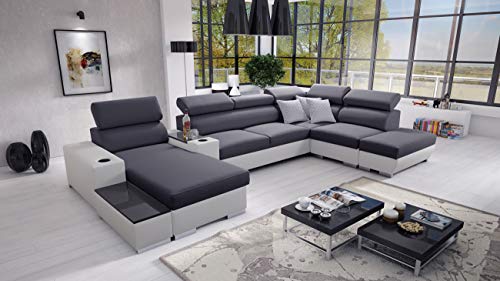 All4All Ecksofa mit Schlaffunktion Ponti 368 cm x 227 cm - Wohnlandschaft U-Form - Schlafsofa mit Bettkasten - XXL Sofa - Groß - Gewebe mit Kunstleder - Linke Seite - Grau/Weiß - Modern 26 von All4All