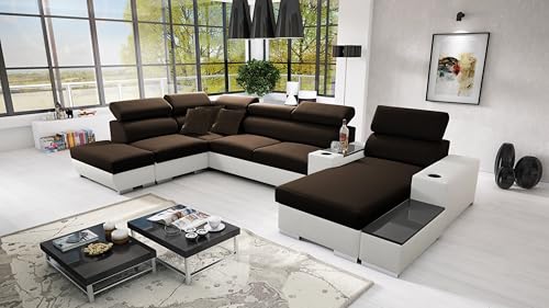 All4All Ecksofa mit Schlaffunktion Ponti 368 cm x 227 cm - Wohnlandschaft U-Form - Schlafsofa mit Bettkasten - XXL Sofa - Groß - Gewebe mit Kunstleder - Rechte Seite - Braun/Weiß - Modern 26 von All4All