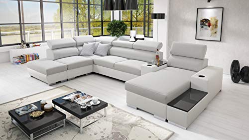 All4All Ecksofa mit Schlaffunktion Ponti 368 cm x 227 cm - Wohnlandschaft U-Form - Schlafsofa mit Bettkasten - XXL Sofa - Groß - Gewebe mit Kunstleder - Rechte Seite - Grau/Weiß - Modern 26 von All4All