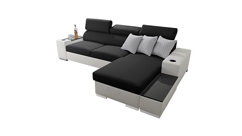 All4All Ecksofa mit Schlaffunktion Sante 291x182 cm - Sofa mit Bettkasten - Schlafsofa L-Form - Eckcouch - für 3 Personen - Seite rechts - Schwarz/Weiß - Sawana 14 + EKJ 1 - Modern 26 von All4All
