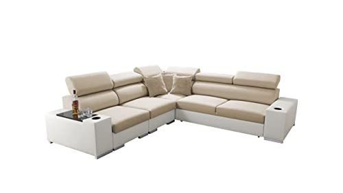 All4All Ecksofa mit Schlaffunktion Seo III - Schlafsofa mit Bettkasten - Sofa L-Form 282x282 cm - Eckcouch - Gewebe mit Kunstleder - verstellbare Kopfstützen - Linke Seite - Beige/Weiß - Modern 26 von All4All