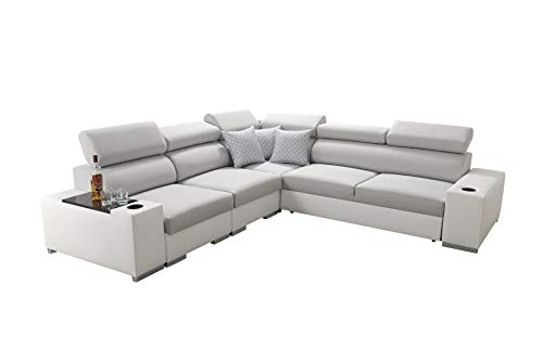 All4All Ecksofa mit Schlaffunktion Seo III - Schlafsofa mit Bettkasten - Sofa L-Form 282x282 cm - Eckcouch - Gewebe mit Kunstleder - verstellbare Kopfstützen - Linke Seite - Hellgrau/Weiß - Modern 26 von All4All