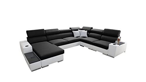 All4All Ecksofa mit Schlaffunktion Piano 358x282 cm – Schlafsofa mit Bettkasten – Wohnlandschaft XXL – Sofa U-Form – Gewebe mit Kunstleder - Groß - Big Sofa - Linke Seite - Schwarz/Weiß 26 von All4All