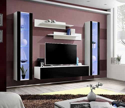 Wohnwand Anet - Schrankwand Hängend - Anbauwand - Wohnzimmerschrank - Wohnzimmer - Modern - Weiß Matt/Schwarz Hochglanz 21 von All4All