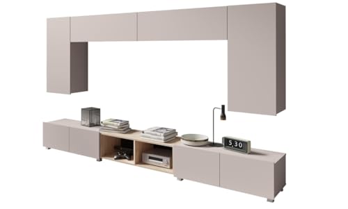 All4All Wohnwand Calabra 23-300x117x32cm - 4 Farben - Modernes Hängendes TV-Set - Push-to-Open – Wohnzimmermöbel ohne Griffe - Schrankwand - Tv - Bänke - Lowboards (Cashmere + Eiche Artisan) von All4All