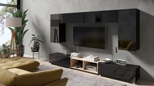 All4All Wohnwand Calabra 23-300x117x32cm - 4 Farben - Modernes Hängendes TV-Set - Push-to-Open – Wohnzimmermöbel ohne Griffe - Schrankwand - Tv - Bänke - Lowboards (Schwarz Hochglanz+Eiche Artisan) von All4All