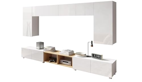 All4All Wohnwand Calabra 23-300x117x32cm - 4 Farben - Modernes Hängendes TV-Set - Push-to-Open – Wohnzimmermöbel ohne Griffe - Schrankwand - Tv - Bänke - Lowboards (Weiß Hochglanz+ Gold Eiche) von All4All