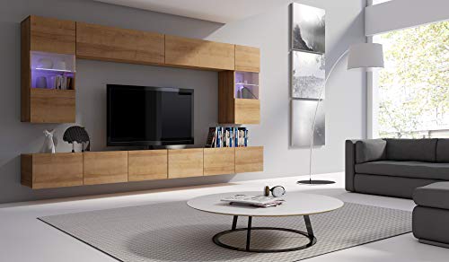 All4All Wohnwand Calabra - 300x117x32cm - 4 Farben - Modernes Hängendes TV-Set - Push-to-Open – Wohnzimmermöbel ohne Griffe - Schrankwand - Tv - Bänke - Lowboards - 29 (Gold Craft Eiche) von All4All