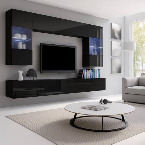 All4All Wohnwand Calabra - 300x117x32cm - 4 Farben - Modernes Hängendes TV-Set - Push-to-Open – Wohnzimmermöbel ohne Griffe - Schrankwand - Tv - Bänke - Lowboards - 29 (Schwarz Hochglanz) von All4All