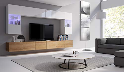 All4All Wohnwand Calabra - 300x117x32cm - 4 Farben - Modernes Hängendes TV-Set - Push-to-Open – Wohnzimmermöbel ohne Griffe - Schrankwand - Tv - Bänke - Lowboards - 29 (Weiß+Gold Craft Eiche) von All4All