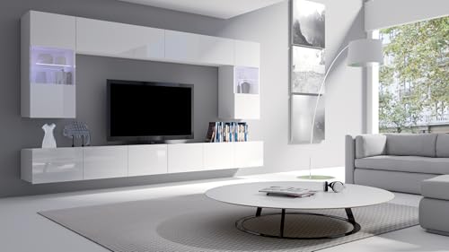 All4All Wohnwand Calabra - 300x117x32cm - 4 Farben - Modernes Hängendes TV-Set - Push-to-Open – Wohnzimmermöbel ohne Griffe - Schrankwand - Tv - Bänke - Lowboards - 29 (Weiß Hochglanz) von All4All