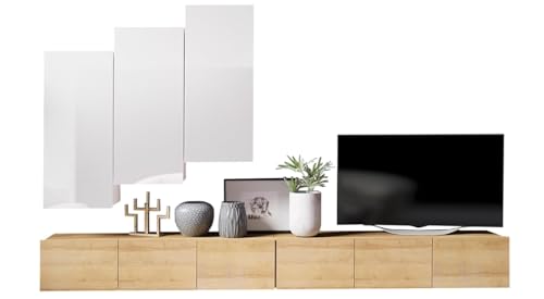 All4All Wohnwand Calabra Nr 20 - TV Lowboard - Schrankwand - Wohnwand Set - Modern - Hängeschrank - Wohnzimmerschrank - Mediawand - Weiß - Schwarz - Cashmere - 30 (Eiche Gold/Weiß + Weiß Hochglanz) von All4All
