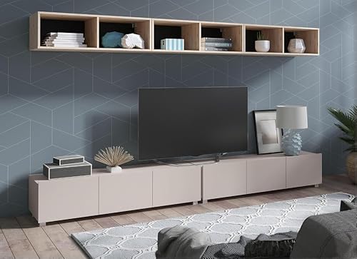 All4All Wohnwand Calabra Nr 33 - TV Lowboard - Schrankwand - Wohnwand Set - Modern - Hängeschrank - Wohnzimmerschrank - Mediawand - Weiß - Schwarz - Cashmere - 30 (Cashmere + Eiche Artisan) von All4All