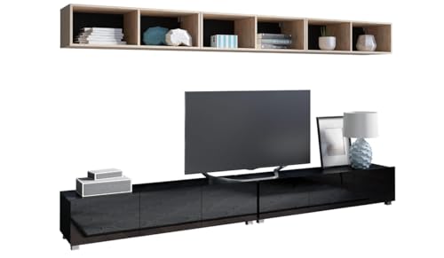All4All Wohnwand Calabra Nr 33 - TV Lowboard - Schrankwand - Wohnwand Set - Modern - Hängeschrank - Wohnzimmerschrank - Mediawand - Weiß - Schwarz - Cashmere - 30 (Schwarz Hochglanz + Eiche Artisan) von All4All