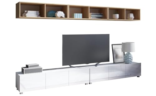 All4All Wohnwand Calabra Nr 33 - TV Lowboard - Schrankwand - Wohnwand Set - Modern - Hängeschrank - Wohnzimmerschrank - Mediawand - Weiß - Schwarz - Cashmere - 30 (Weiß Hochglanz + Eiche Gold) von All4All