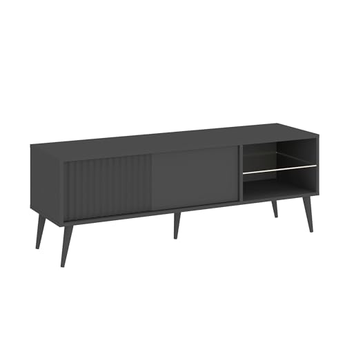 All4All Wohnzimmer-Set Barcello, Wohnzimmermöbel Anthrazit Grau Matt, Wohnwand mit geriffelten Fronten, Loft, Industriell, Grifflos, Schwarze Füße, Couchtisch, Vitrine, Fernsehrschrank 05 (RTV 135) von All4All