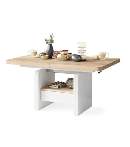 All4All Couchtisch Leo 120x75 cm - Wohnzimmertisch Höhenverstellbar - Esstisch mit Ablage und Schublade - Ausziehbar bis 180 cm - Esszimmertisch - Modern - Sonoma Eiche + Weiß 05 von All4All