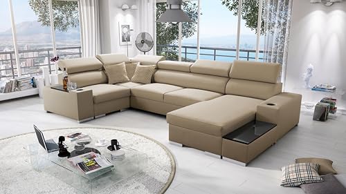 Ecksofa mit Schlaffunktion Passe 335 cm x 205 cm - Wohnlandschaft U-Form - Schlafsofa mit Bettkasten - XXL Sofa - Groß - Gewebe Amor 4302 - Hellbraun - Rechte Seite 26 von All4All